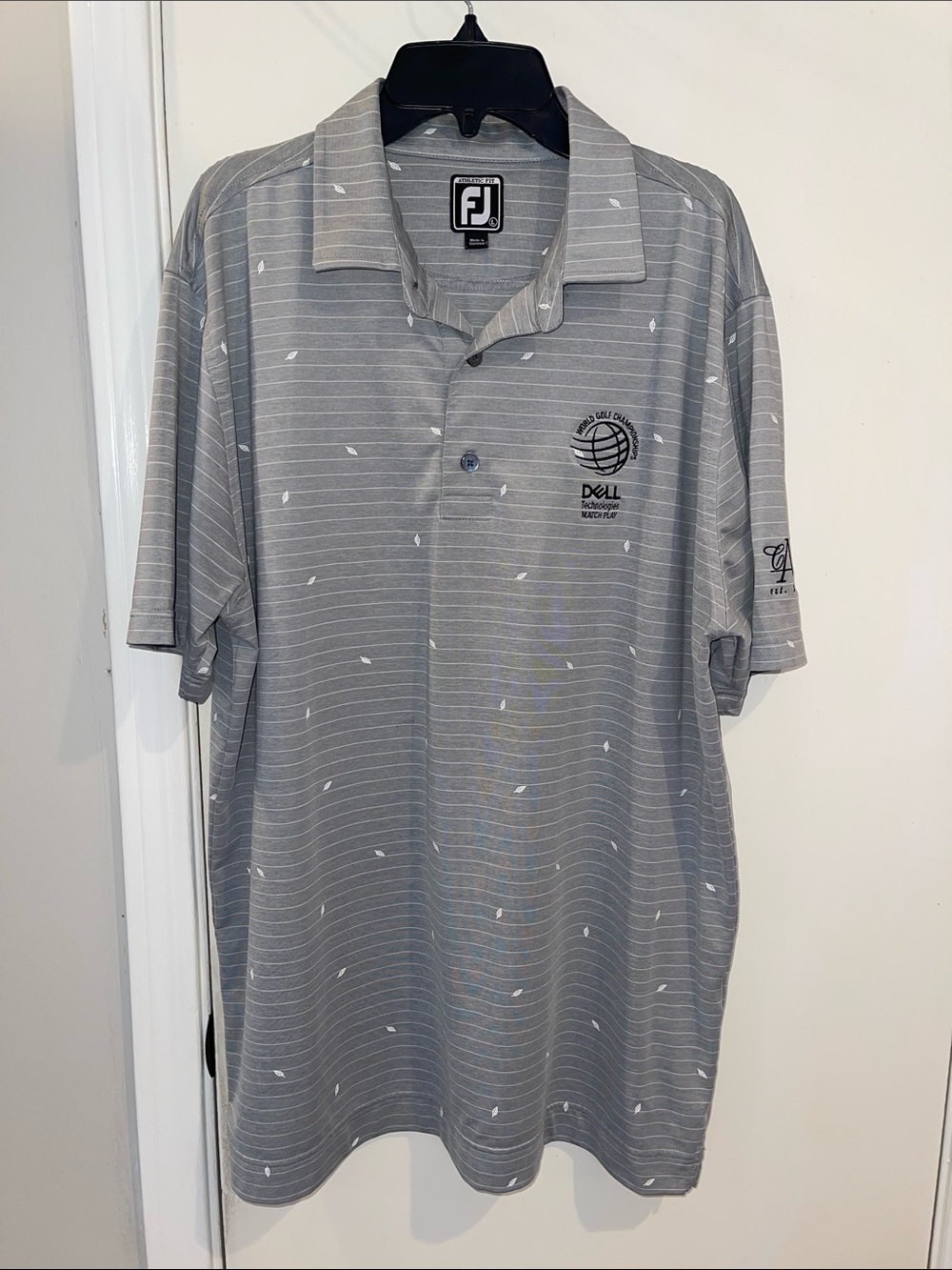 FootJoy Light Gray Striped Golf Polo with Subtle White Leaf Accents